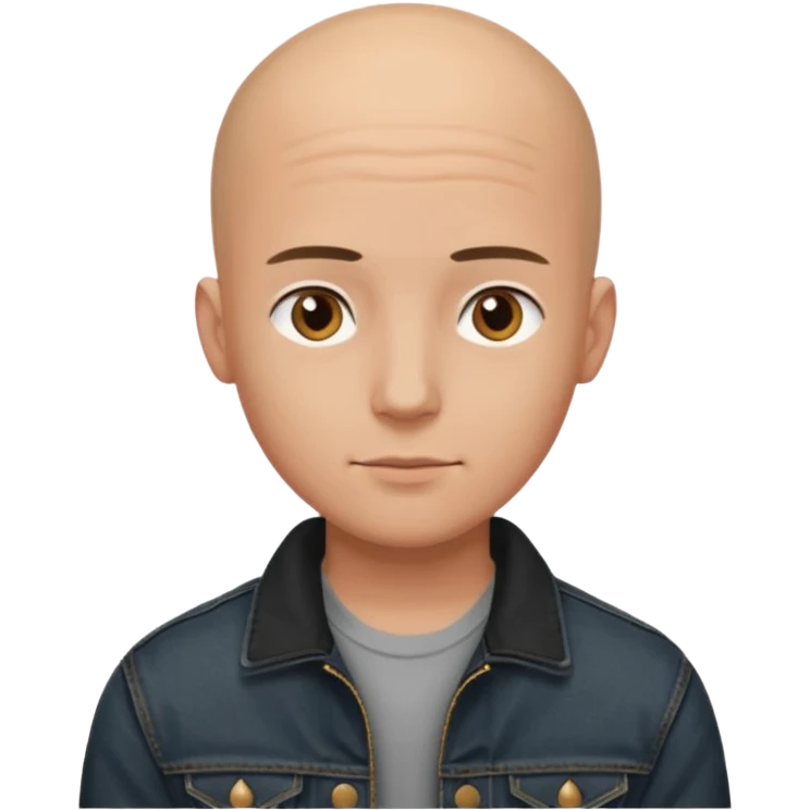  a young man with bald head, black jeans jacket, plain forehead emoji