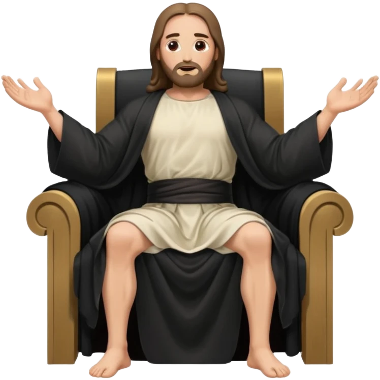 fullbody bald jesus christ jacked, sleeveless black robe sitting hands on armrests emoji
