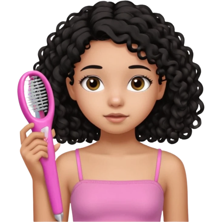 A black 12 yr old girl brushing her shoulder length hair, doe eyes, almond eyes pink tube top and black hair like the 3rd emoji