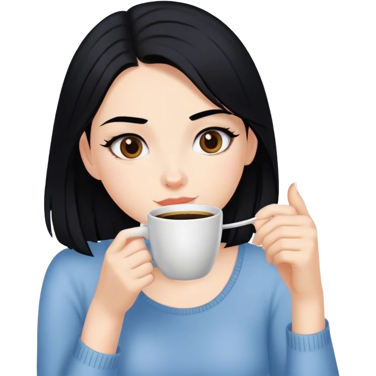 Menina branca cabelos pretos tomando café emoji