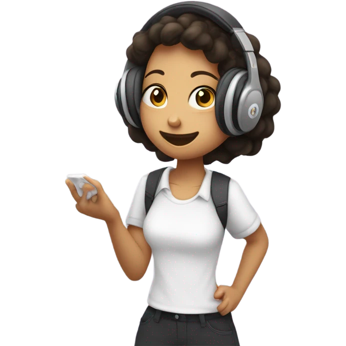 uma menina com uma camisa escrito "ANIMECASE" UTILIZANDO HEADPHONE ESCUTANDO MÚSICA E DANÇANDO emoji
