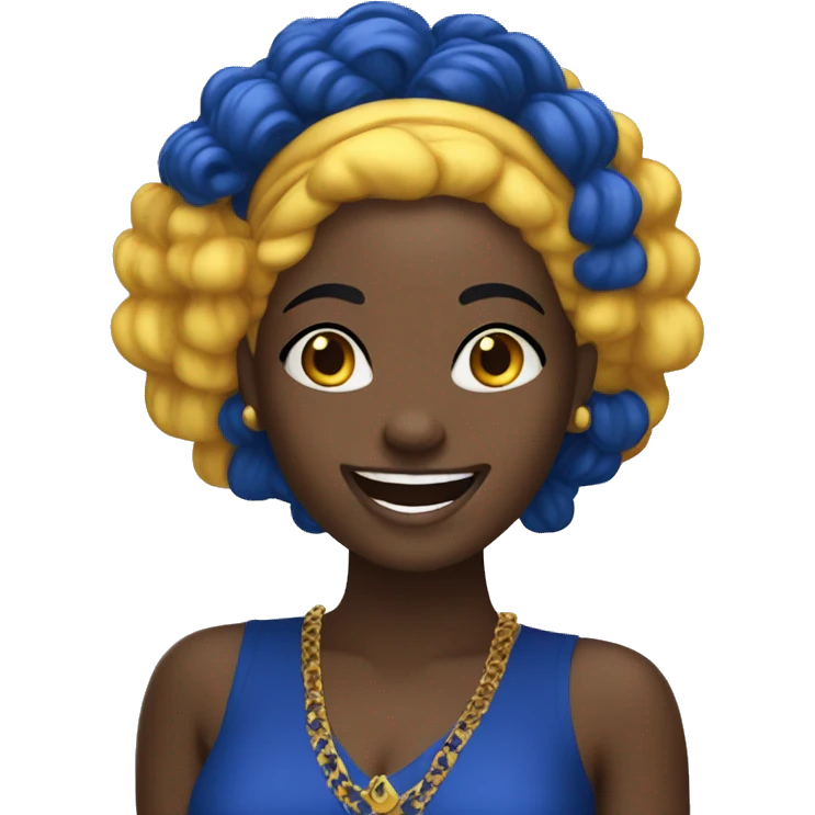 1 laughing Black Girl with straight royal  blue hair with yellow gold and royal blue dress emoji