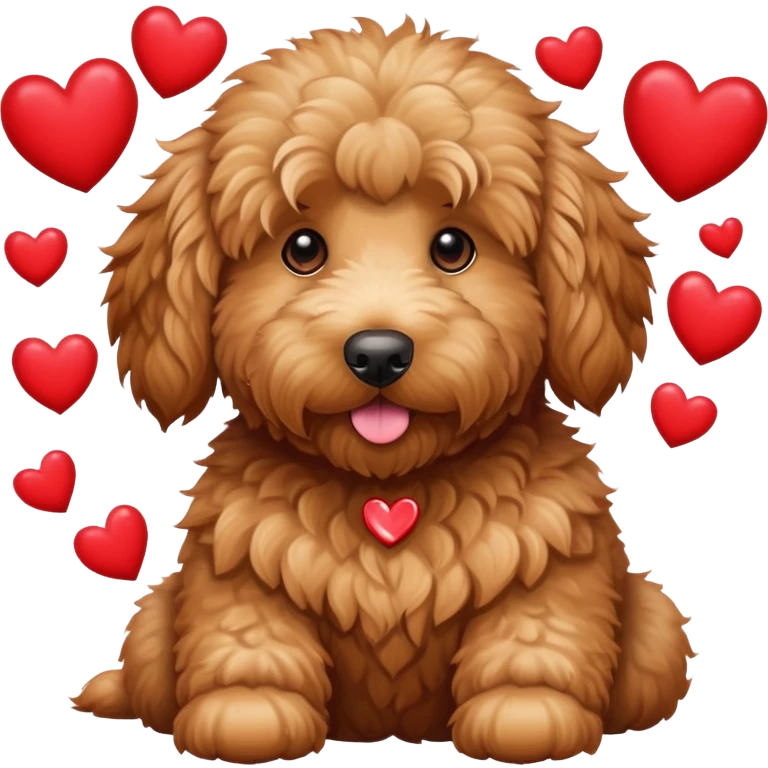 Fluffy Goldendoodle surrounded by hearts emoji