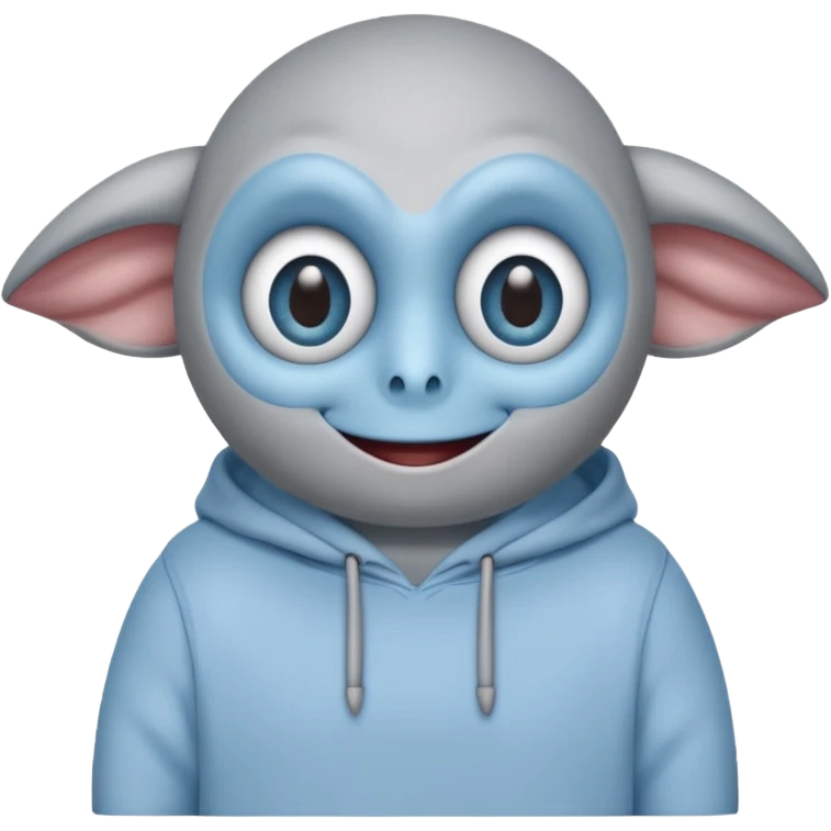 No head..it has 1 eye....stands upright ...wears clothing. is light grey and light blue..looks happy and cuddly... doesnt have a full head.... there is a appendage coming out of top of body with a single large eye emoji