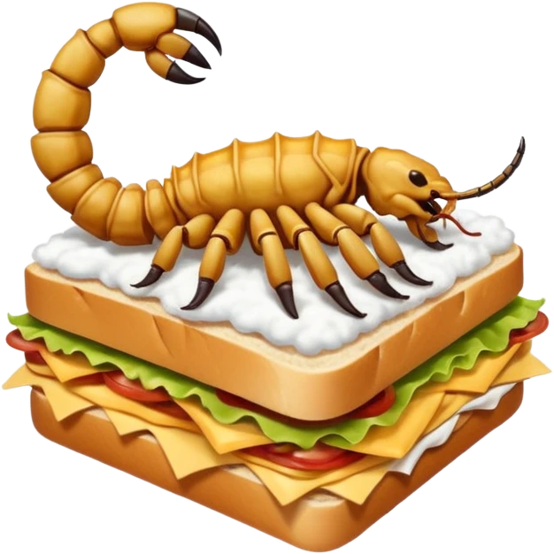 MAKE A SCORPION ON TOP OF A EHITE FLUFFY CLOUD THAT IS HOLDING A SANDWICH IN ITS CLAW AND LOOKING LIKE ITS EATING IT AND NOT ON TOP OF THE SANDWICH emoji