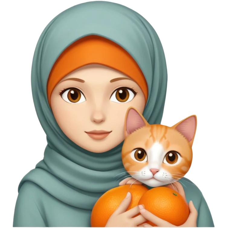White girl wearing hijab holding orange shorthair cat emoji