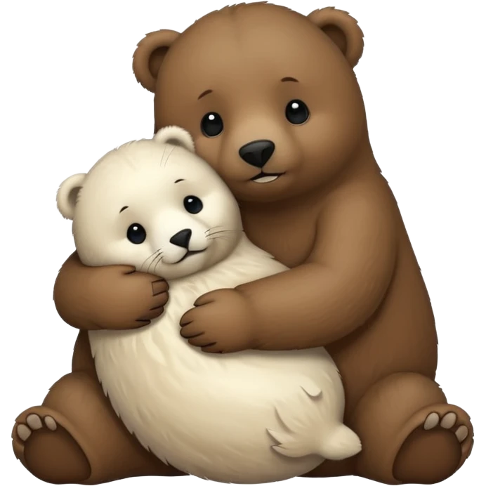 small white seal hugging a big brown bear emoji