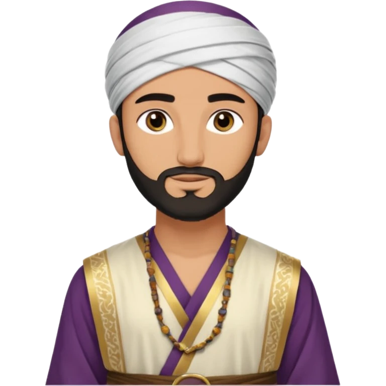 
-Apariencia: Joven de unos 25-30 años, atractivo,.
-Rostro: Ojos oscuros, piel ligeramente morena, rasgos árabes finos.
-Cabello: Negro, algo rizado o suelto, con barba fina.
-cuerpo entero  puede llevar una túnica más oriental, con faja y turbante sencillo con sandalias emoji