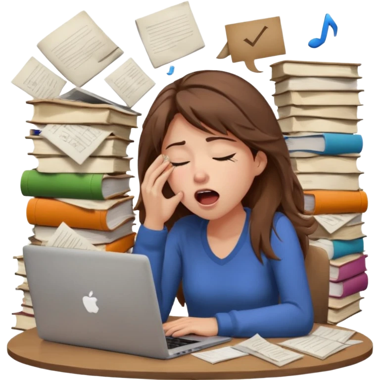 female tired blogger with a laptop, yawning, messy hair, stacks of notes, dim lighting emoji