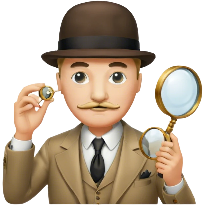 A cinematic-style frame showing Hercule Poirot in his iconic suit, with a magnifying glass, in a dramatic detective pose. Background should be dimly lit with an air of mystery, reflecting the atmosphere of a classic detective film. Transparent background. emoji