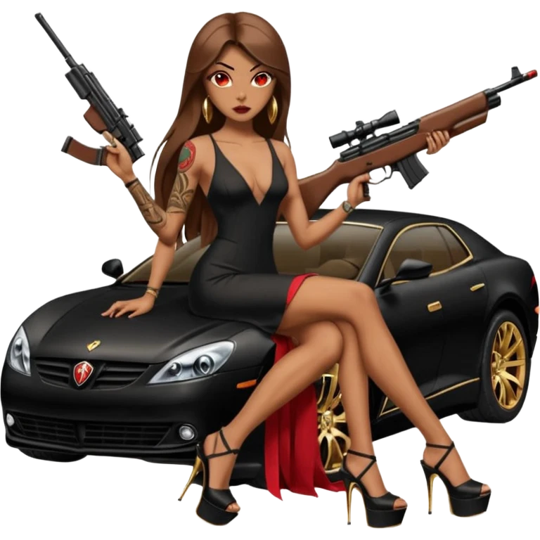 Lilith tan skin female red eyes symbol. Tattoo arms. Her hair is brown straight long hair.wearing sexy long sexy dress with slit. black stiletto thick platform high heels shoes on. Sitting on gold giant luxury car with cash inside . She is holding a sniper rifle in one hand cash in other hand emoji