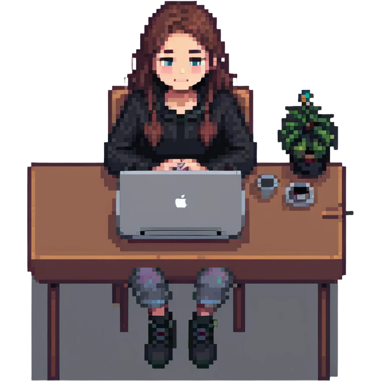 girl sitting at a desk with a MacBook, face partially hidden, cozy workspace, pixel art style emoji