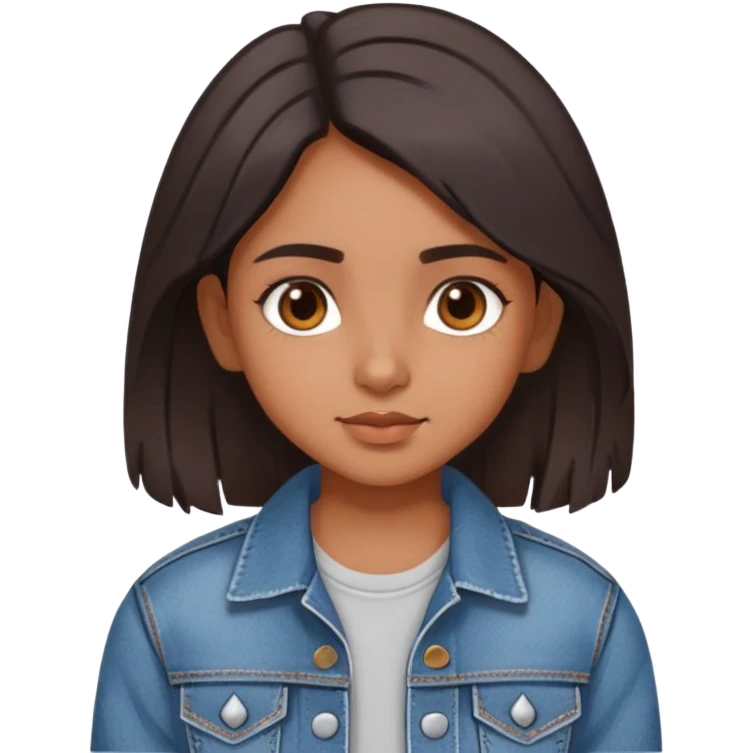 cute indian girl wearing denim jacket with short dark brown hair dark brown eyes middle part emoji