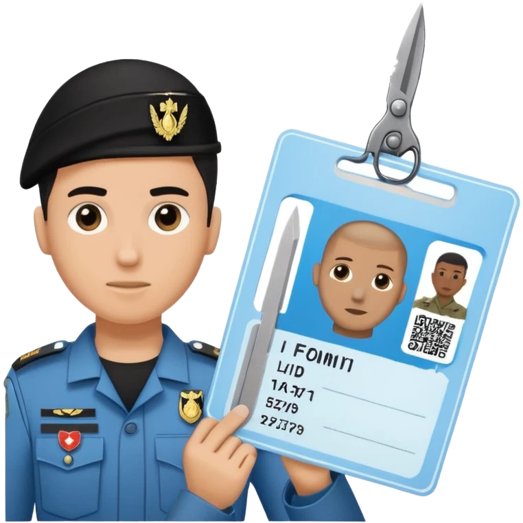 black Scissors cutting a light blue idf soldier ID card in 2 parts .hyper realistic emoji