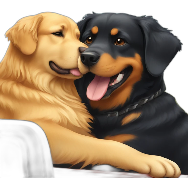 Golden retriever and rottweiller hugging in a moving truck emoji