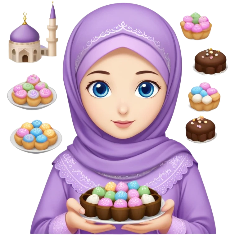 Turkish beautiful finish Konya girl blue eyes with lilac floral hijab islamic dress and had on her hand text Eid Mubarak with sweets and celebrating with her friends eid days   emoji