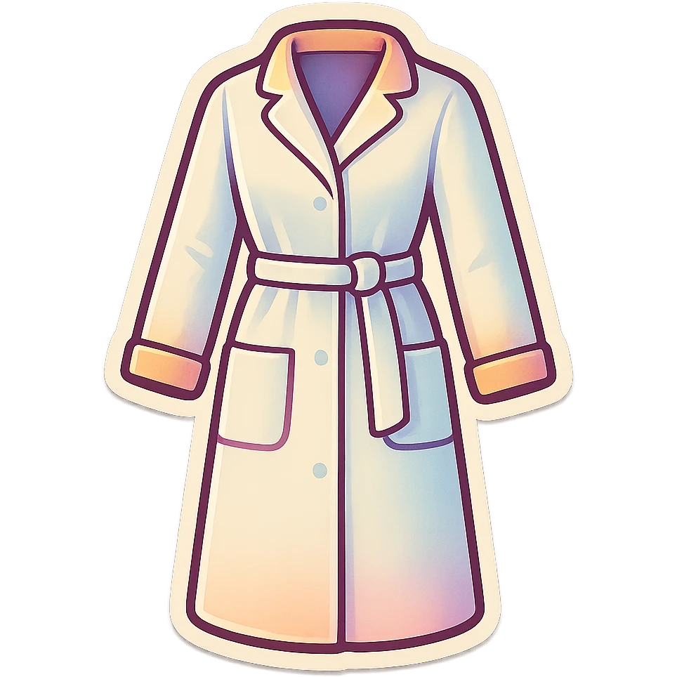 female medical coat full length, with long sleeves and belt, retro stickers style, soft rounded shapes, clean contours, pastel palette, shadows and highlights, modern illustration, transparent background emoji
