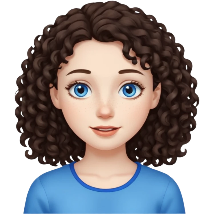 girl with dark brown curly hair, pale skin, blue eyes, some freckles, winking emoji