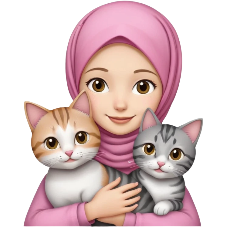 White girl wearing pink hijab with white shirt smiling while holding a black grey tabby cat emoji