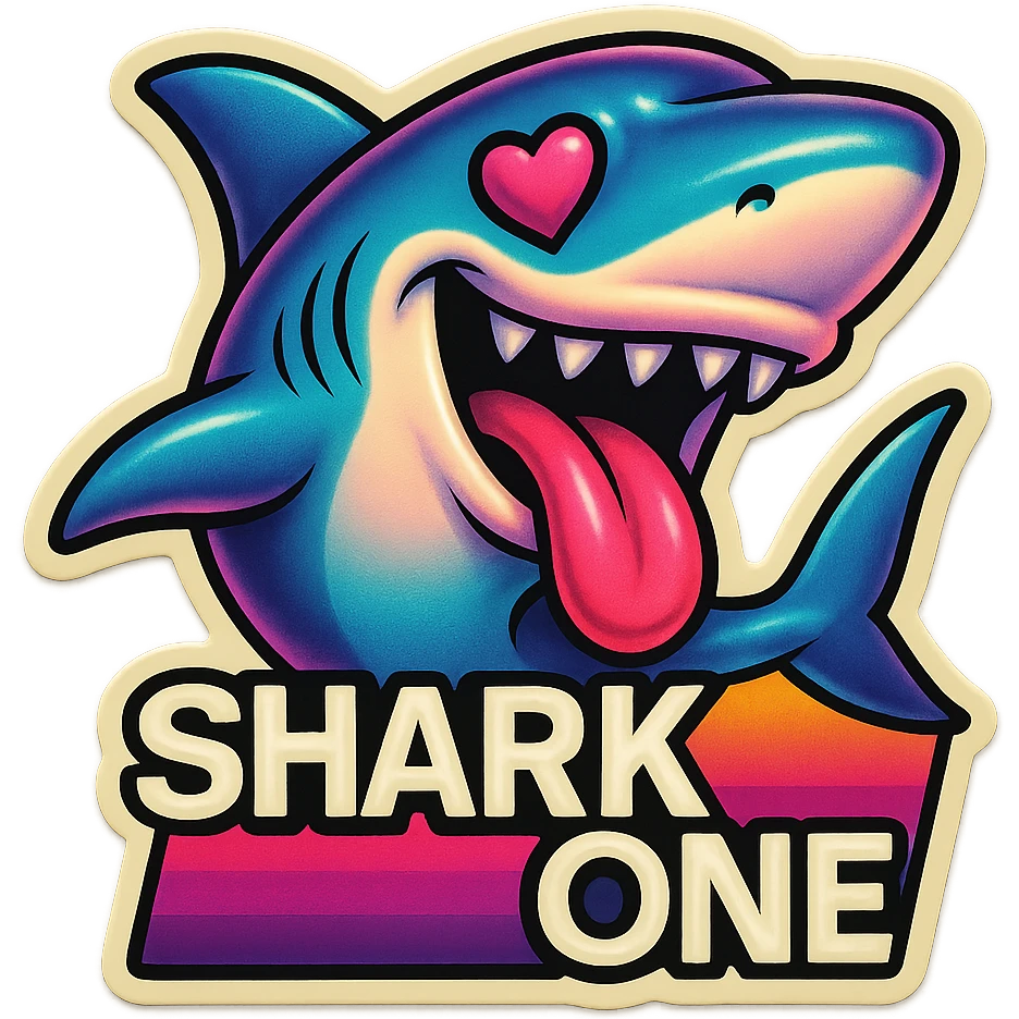 mouth open with tongue out
heart shaped eye
add the words “ Shark One " in White emoji