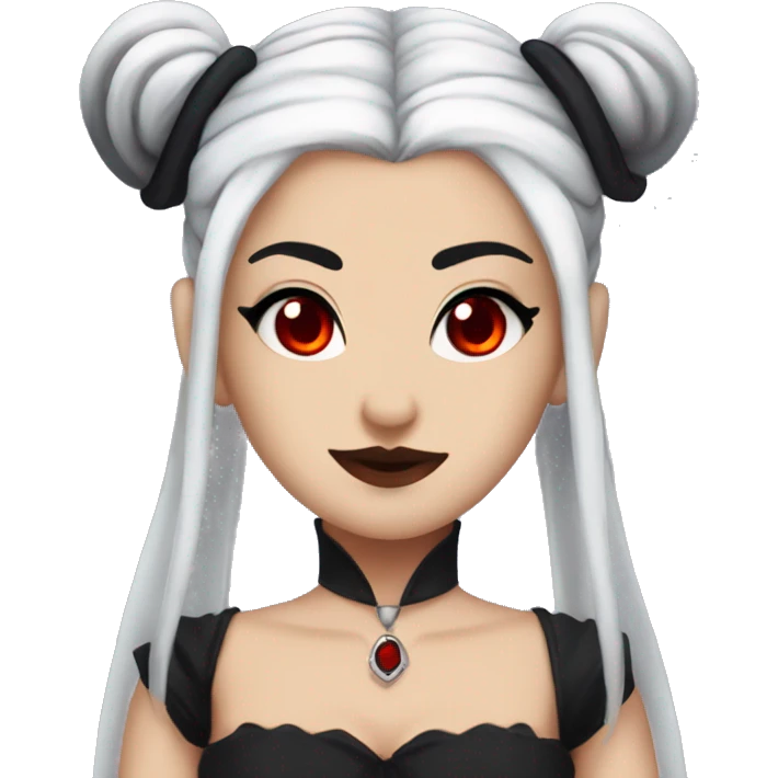 Vampire woman, white skin, pretty red eyes, half up half down black hair, two space buns on the top of her head emoji