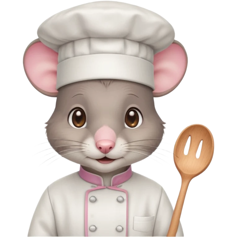 gray mouse with large round ears, brown eyes, and a small pink nose, wearing a white chef’s hat emoji