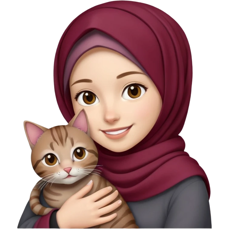 White girl wearing maroon hijab smiling while holding a black grey tabby cat emoji