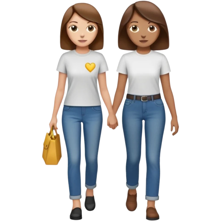 based on emoji style, two people walking together. one is brown-haired woman, wearing business casual,  Another one is a non-binary person, wearing t shirt and jeans, and the second person doesn't have anything on their hands. emoji