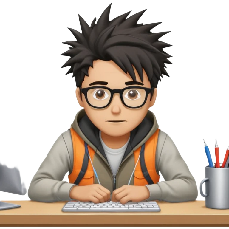Gender: Male Hair: Messy spikes with natural black roots Face: Slightly wide nose bridge, thin glasses Clothes: Hoodie under company vest Action: Crawling under desk fixing cables emoji