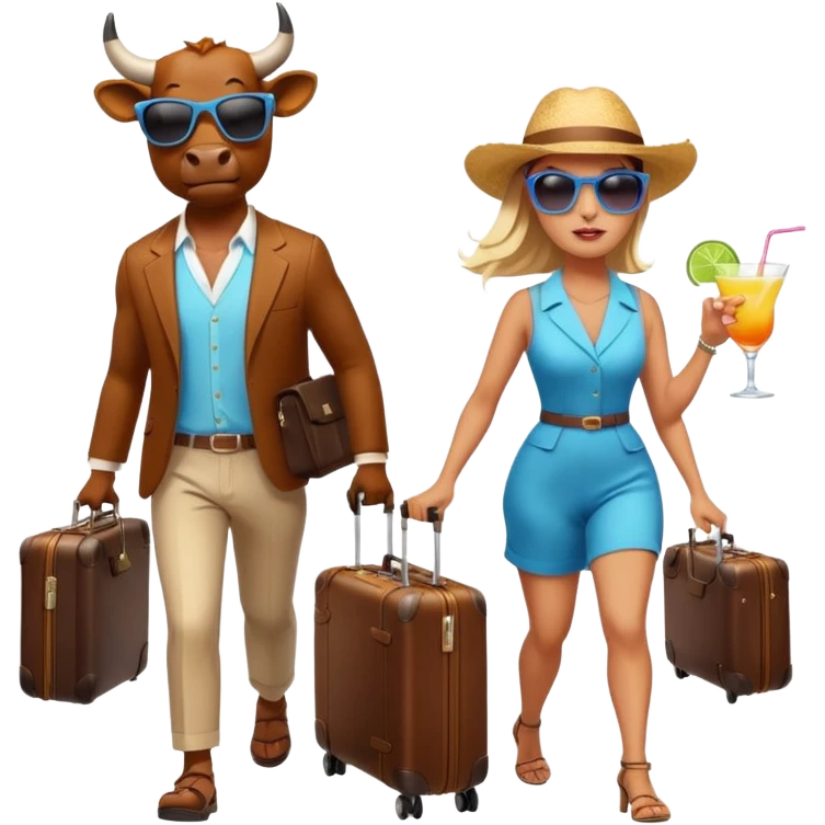 generate an emoji of a group of up to 8 male and female bulls travelling together on holidays. One bull has a suitcase, one has sunglasses, one is carrying a cocktail. They're all in motion, walking together. Make the characters look like bulls. They wear summer clothes. Suitcases are colourful emoji