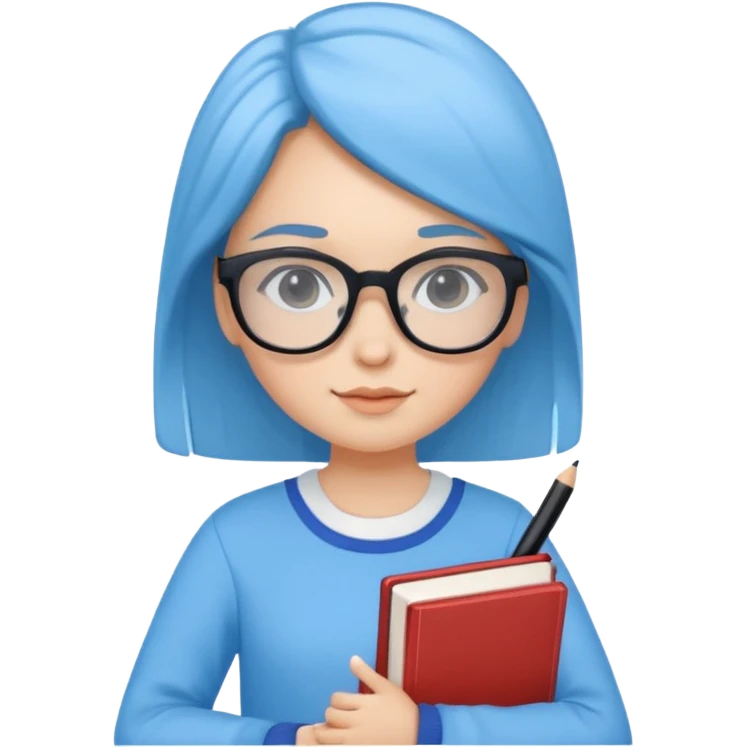 cute girl, glass, smart, Sky-blue colored clothing,
holding a book in one arm and a pen in the other hand.Holding a pen in the right hand as if teaching.Wearing black glasses, with a smart and bright-looking face. emoji