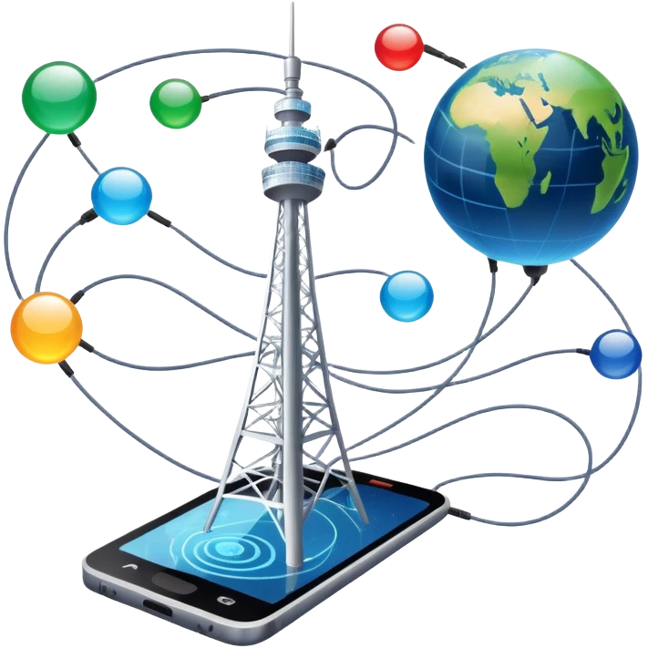 An icon featuring a communication tower with signal waves, satellites in orbit, and fiber optic cables. The design includes a smartphone, message bubbles, and a globe with connection lines, symbolizing global communication networks. Transparent background  emoji