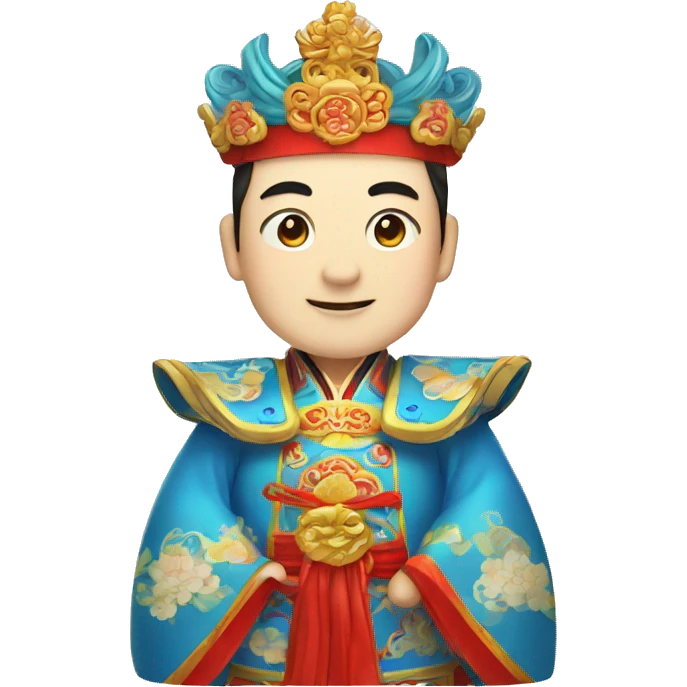 Chinese man wearing Beijing opera clothes and crown, blue emoji