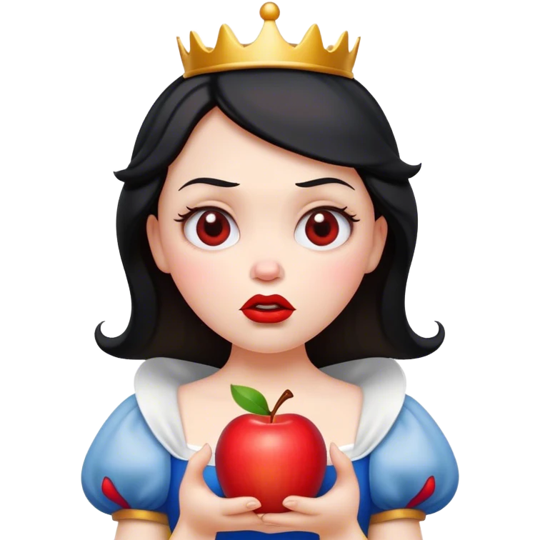 Cinematic Funny Snow White Portrait Emoji, Holding an apple with a suspicious expression, one eyebrow raised, lips pursed as if questioning her life choices, a hilariously relatable fairy tale moment! emoji