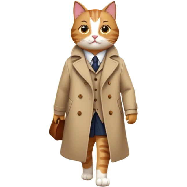 A sophisticated cat wearing a stylish coat, walking confidently through a park with autumn leaves falling, looking elegant and slightly smug, emoji style, simple and clean lines emoji