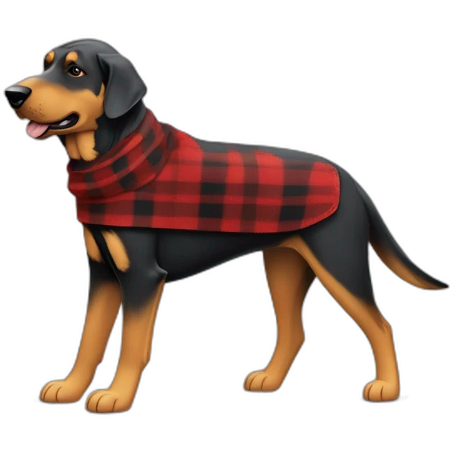 adult 75% Coonhound 25% German Shepherd mix dog with visible tail wearing small pointed red buffalo plaid bandana full body walking left quickly emoji