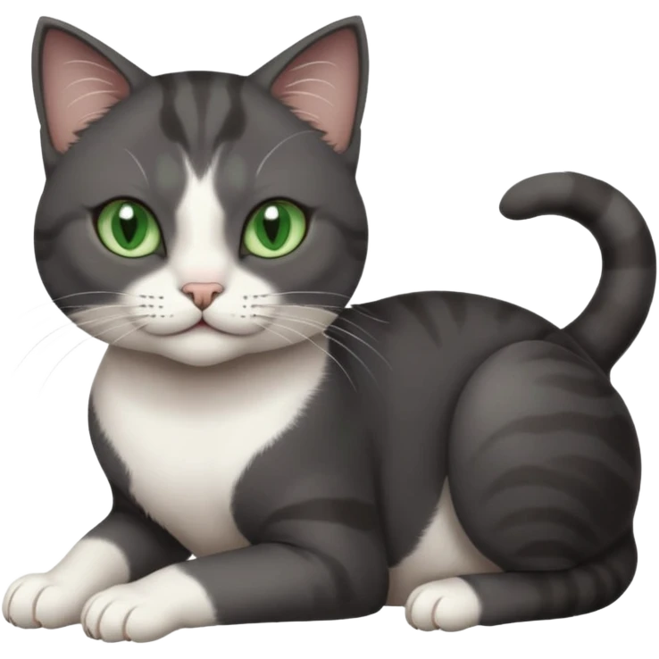beautiful female solid dark grey cat with green eyes, white toes/paws and white patch on her chest rolling over emoji