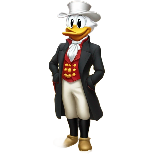 a slim successful looking scrooge mcduck standing atop a pile of money emoji