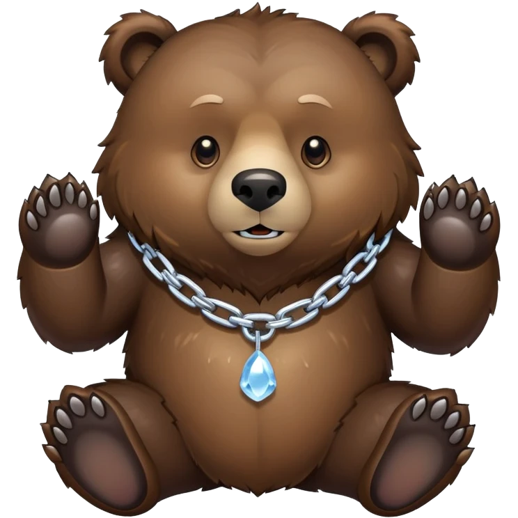 Complete view of serious grizzly bear on four paws, dark brown fur, whole body shown from head to tail, thick ice chain collar emoji