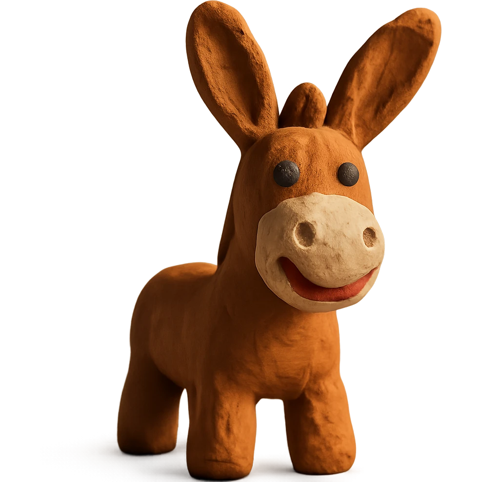 donkey with big ears, smiling, soft lighting, vibrant colors, claymation style emoji