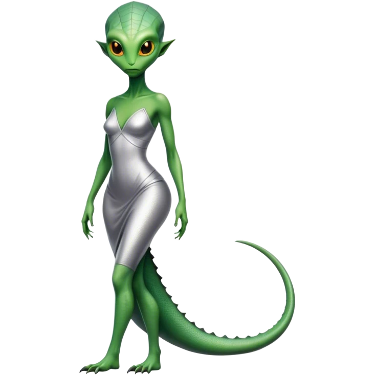 Green Alien reptilian woman without a tail, in silver dress, full figure, yellow eyes emoji