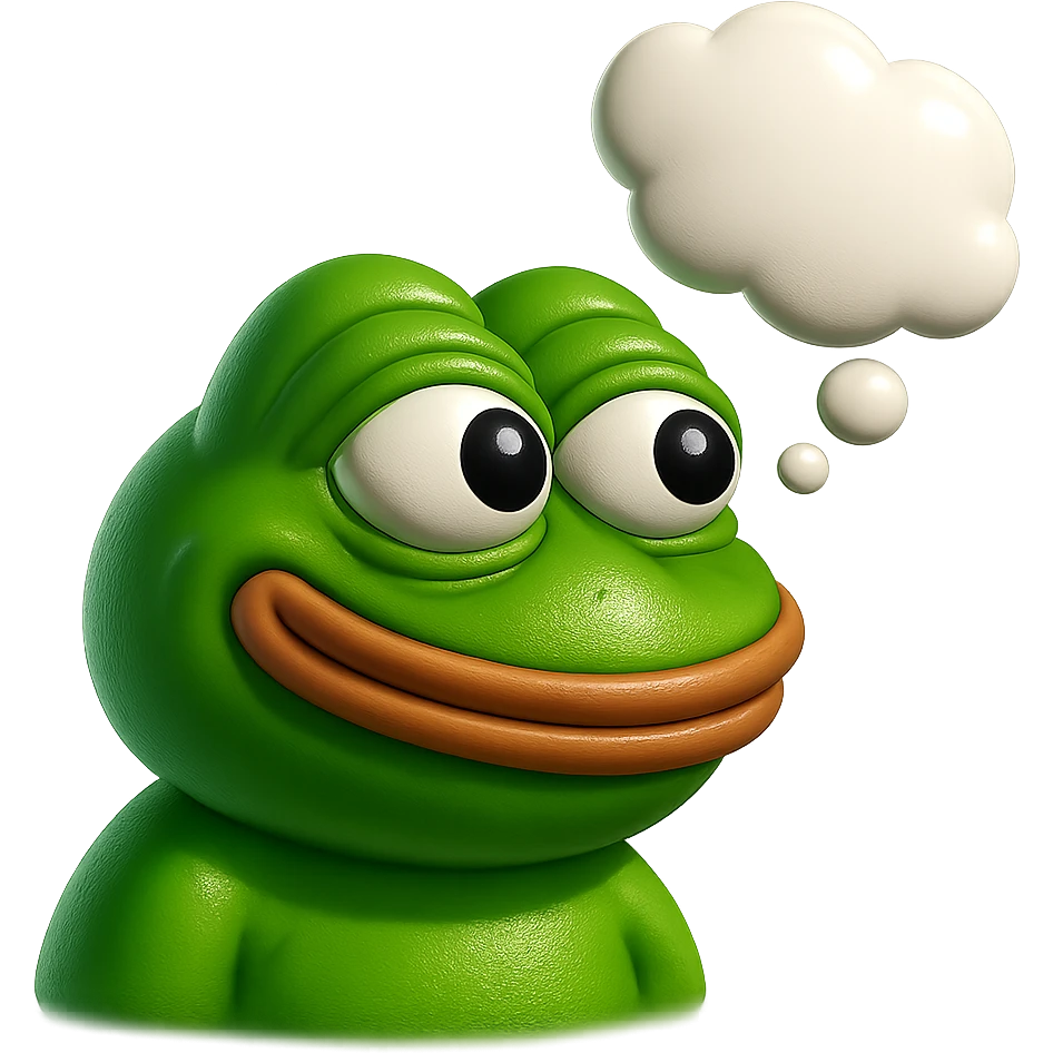 make a pepe in bright green smiling with thought bubble looking at right side in 3d style, good highlights and shadows, drop shadows emoji