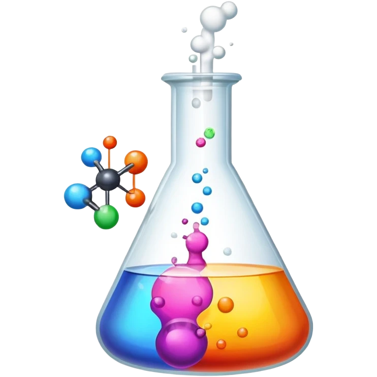 An icon featuring a chemical flask, bubbling with liquid, and an atomic structure, symbolizing chemistry. The design includes molecules, a periodic table, and laboratory equipment, representing the study of chemical reactions and elements. Transparent background highlights scientific research. emoji