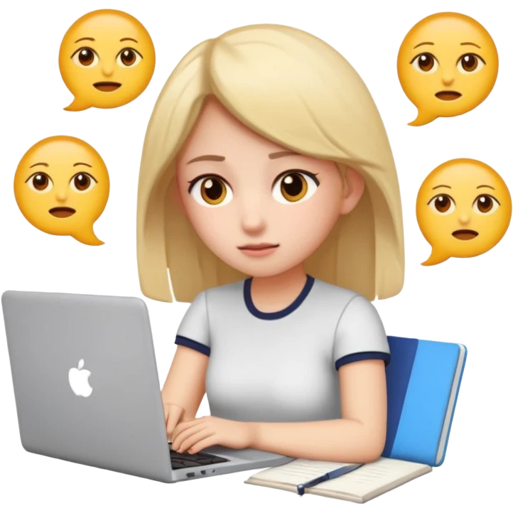 3D emoji style sticker, young woman, white background, slight exam stress, sitting with a laptop, IELTS practice test on the screen showing Overall 5.5, tired but determined expression, notebooks and papers around, soft lighting, minimal details, clean aesthetic, astrology style emoji