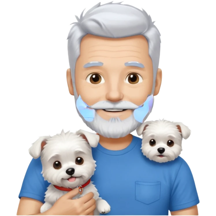 handsome gentleman, 60 years old, spiky crew cut silver hair, full beard, wearing a blue t-shirt, smiling and holding a maltese dog emoji