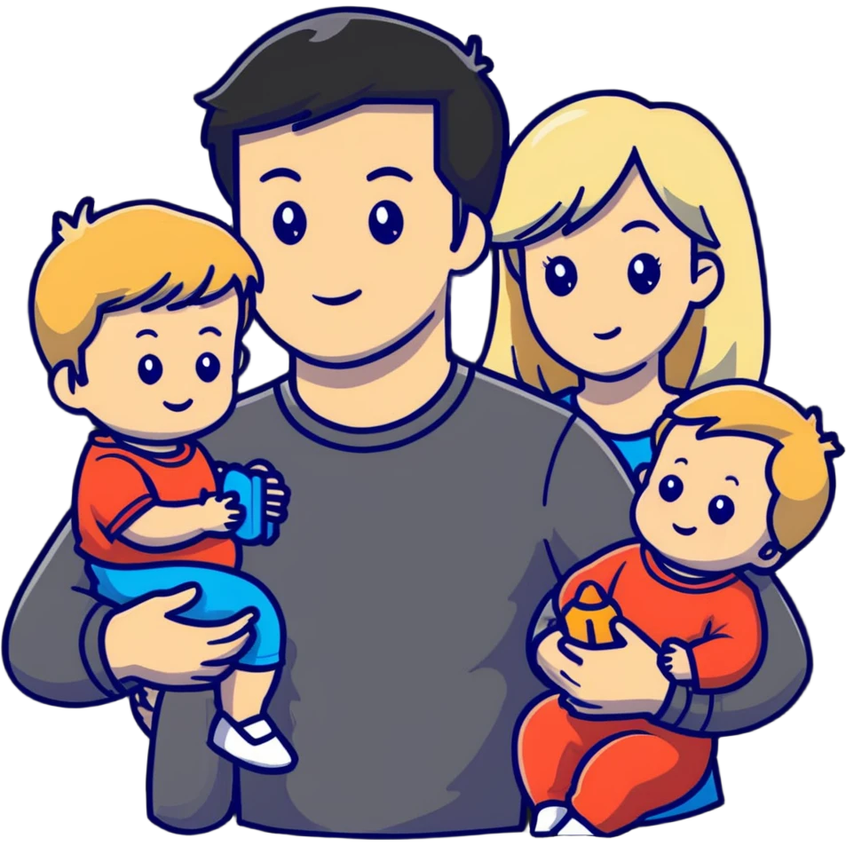 family with blond dad, brunette mom, blonde son, daughter with black hair, and a baby emoji