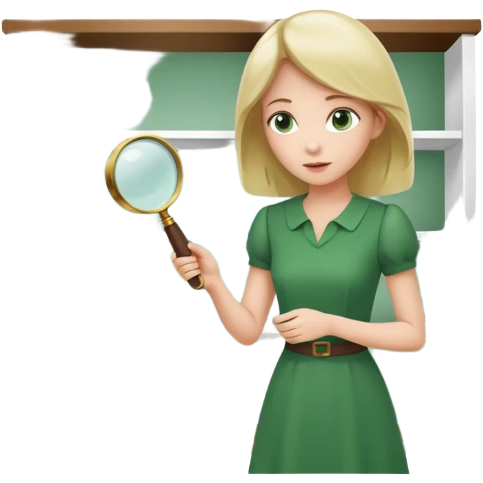 white empty shelf in perspective view with a standing woman nearby, she is looking at the shelfs with a magnifying glass, she is turned to the shelfs, woman wearing a green dress emoji