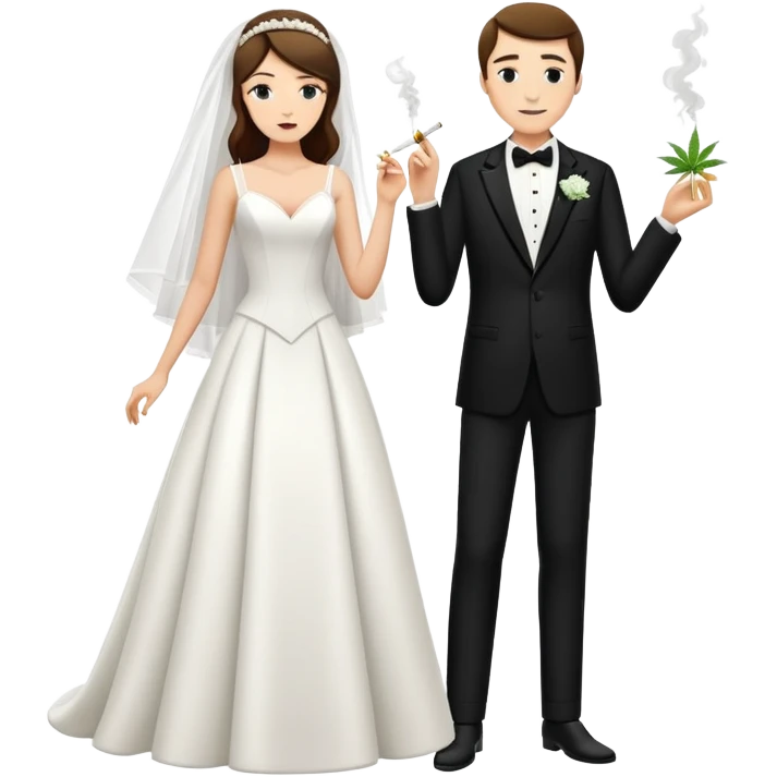 A bride in white wedding dress and groom in tuxedo, full body, smoking cannabis, side by side emoji