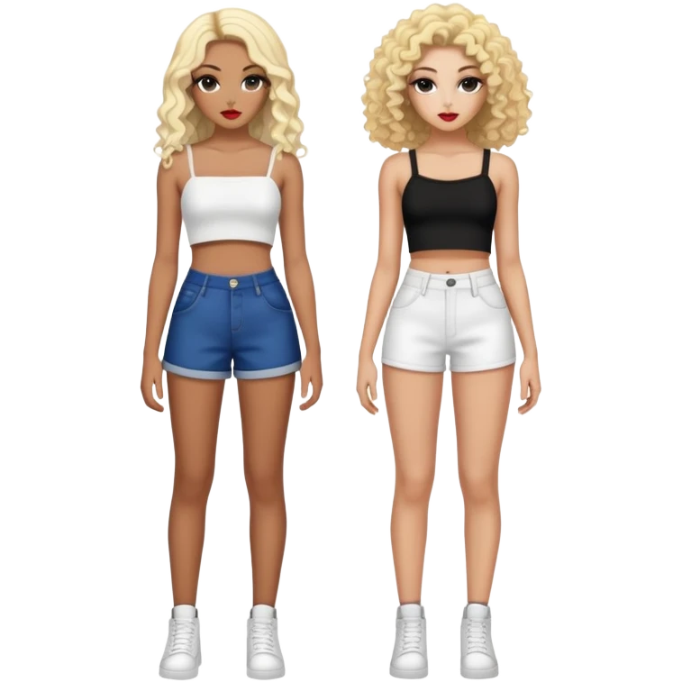 Full body of two teenage girls standing together, one white with straight blonde hair and one brown-skinned with curly black hair, both with heavy makeup, big lips, crop tops and choni style clothing emoji