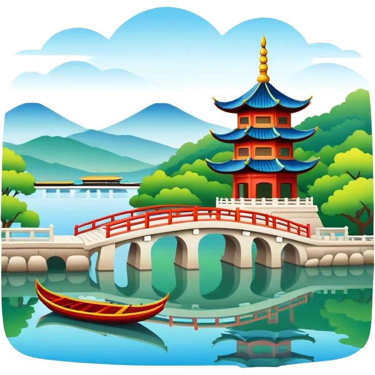 Hangzhou West Lake with traditional boat and bridge, simplified emoji style with bold outlines and bright colors, cartoon style pagoda by lake emoji